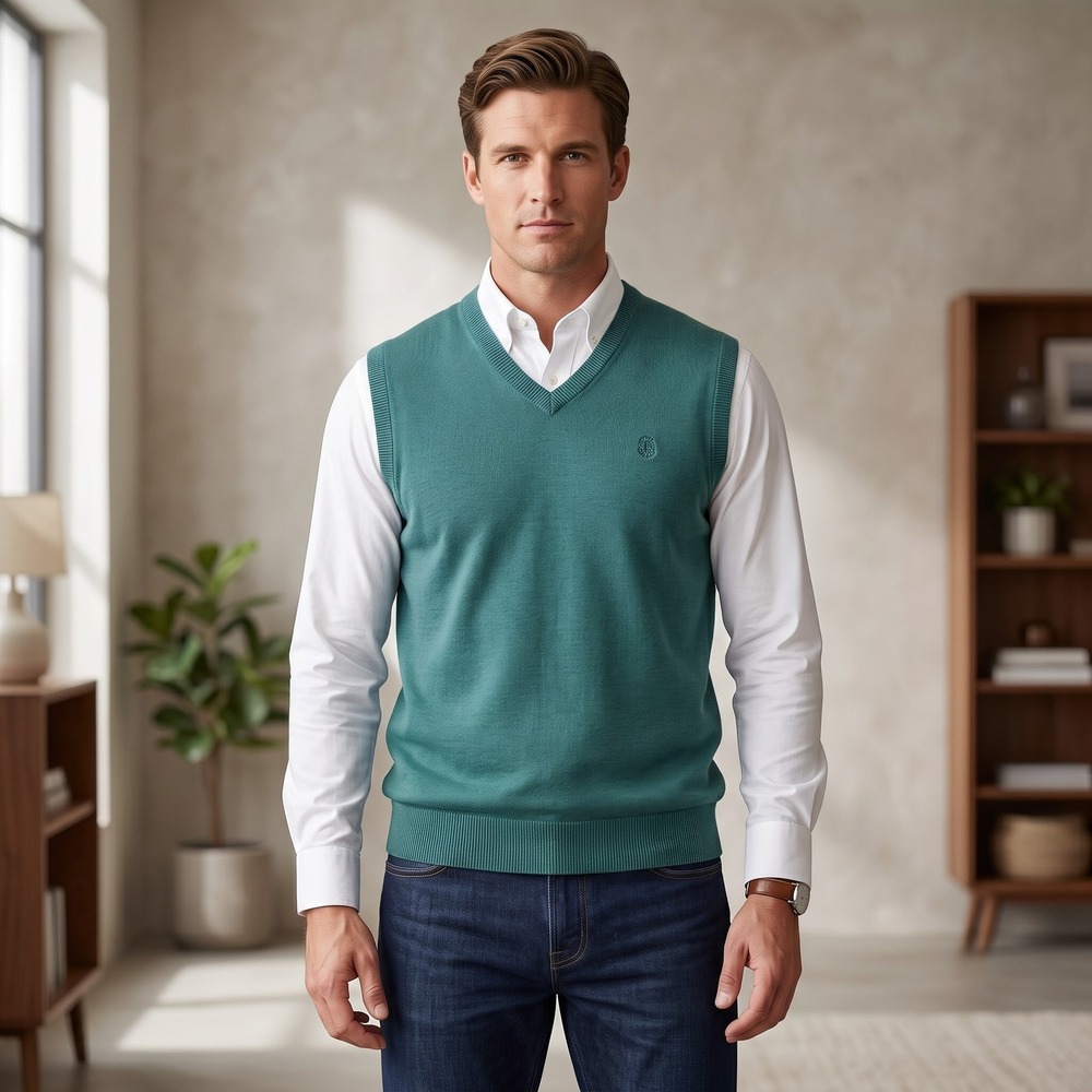 Izod Mens Medium Green Sweater Vest V-Neck Cotton Solid Preppy Classic